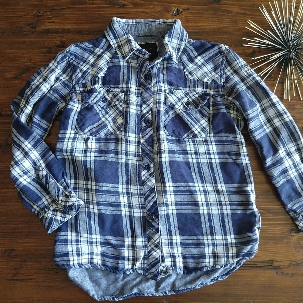 LITTLE RAILS soft plaid chambray shirt M (F6)